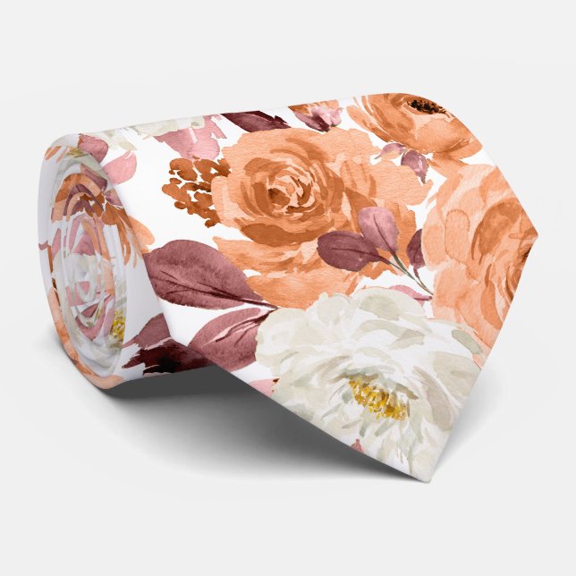 Cravate PixDezines Aquarelle Rouille Orange Roses Automne (Roulé)