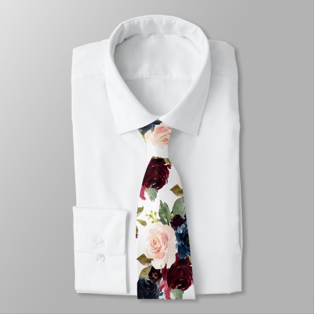 Cravate PixDezines Blush Burgundy Navy Aquarelle Fleurs (Attaché)