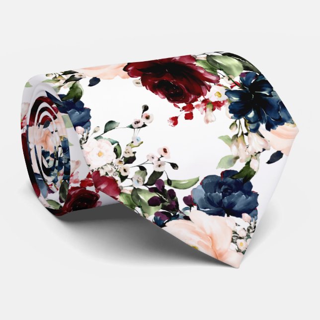 Cravate PixDezines Blush Burgundy Navy Aquarelle Fleurs (Roulé)
