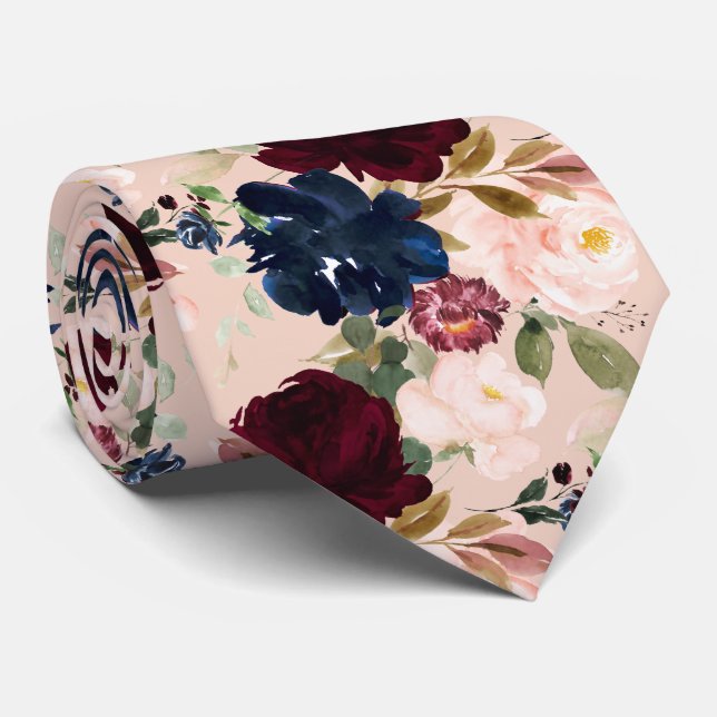 Cravate PixDezines Blush Burgundy Navy H2 Fleurs (Roulé)