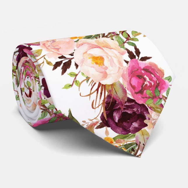 Cravate PixDezines Boho Blush Bourgogne Aquarelle Fleurs (Roulé)