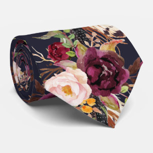 Cravate PixDezines Boho Blush Bourgogne Aquarelle Fleurs