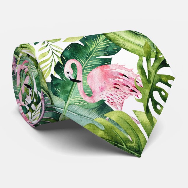 Cravate PixDezines Flamant rose rose+Foliage tropical (Roulé)
