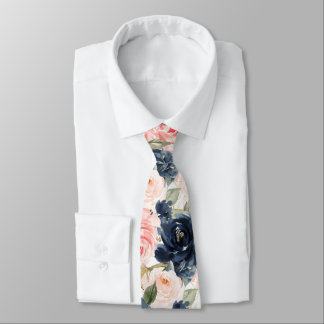 Cravate PixDezines H2 Fleurs Roses Bleu Nuit et Blush  