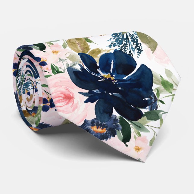 Cravate PixDezines H2 Rose Pâle Fleurs Bleu Marine  (Roulé)