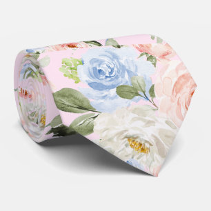 Cravate PixDezines H2 Rose Pâle + Roses Bleu Poussiéreux