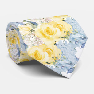 Cravate PixDezines H2 Roses jaunes d'été Hydrangea bleue