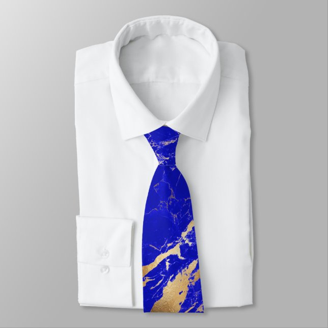 Cravate PixDezines Lapis Bleu Marbre dalle+Veines Or (Attaché)