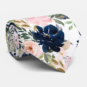 Cravate PixDezines Rose Pâle Bleu Marine Fleurs Aquarelle