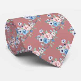 Cravate PixDezines Roses Pivoines Aquarelle Bleu Poussiére