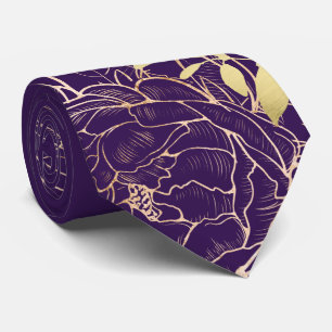 Cravate Plum Purple Faux Gold Peony Moderne Floral Mariage