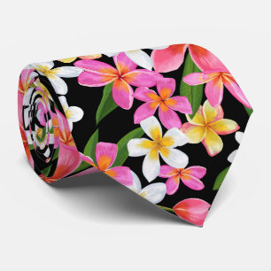 Cravate Plumeria hawaïenne tropicale sur noir