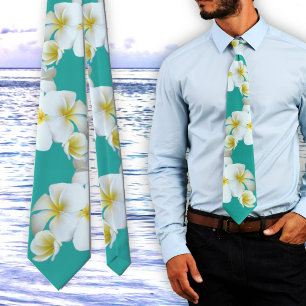 Cravate Plumeria Lagoon Blue-Green Hawaiian Flowers Cravat