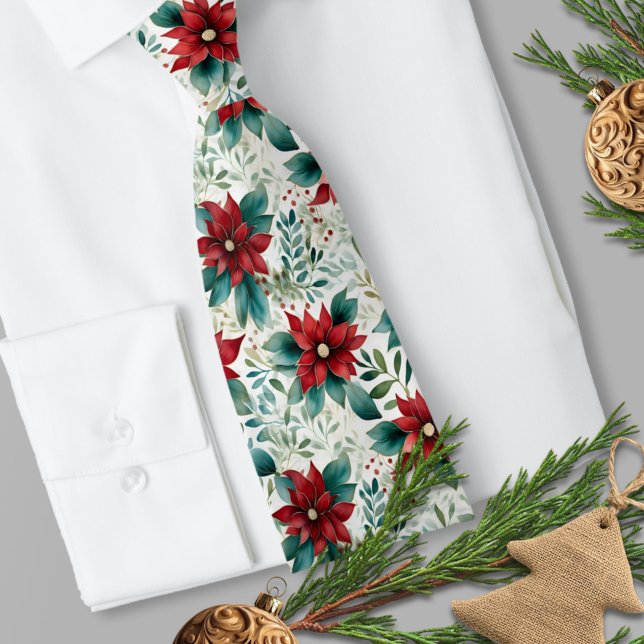 Cravate Poinsététie traditionnelle rouge et vert (Traditional Red and Green Watercolor Poinsettia Necktie 
)