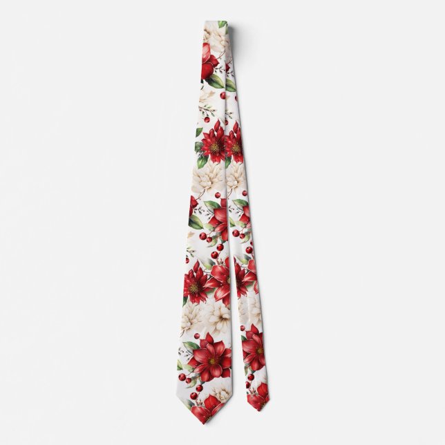 Cravate Poinsettia Fleur Rouge Motif Floral Femme Homme (Devant)