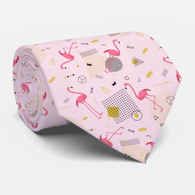 Cravate Points et diamants des Flamants roses rétro en ros (Roulé)