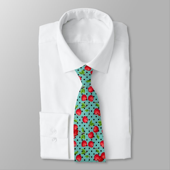 Cravate Pois Rockabilly Cherries sur Blue (Attaché)