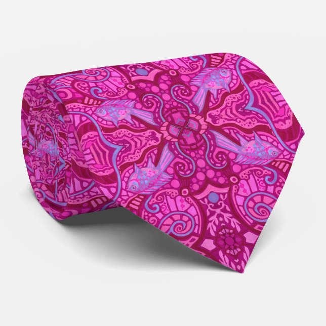 Cravate Poisson sous l'eau Bohème Arabesque Motif Magenta (Roulé)