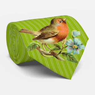 Cravate Pomme Rayures Vertes Tie Mariage Oiseaux Vintage