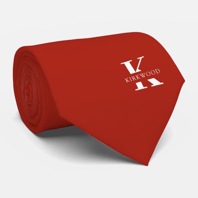Cravate Pomme rouge Élégant Monogramme + Nom | Sur un côté (Roulé)