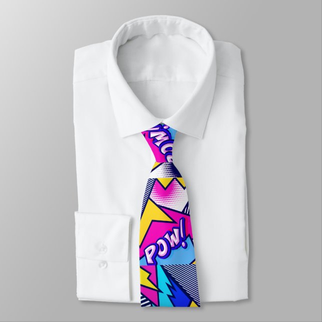 Cravate Pop Art Pow ! Motif en Magenta, Bleu et Noir (Attaché)