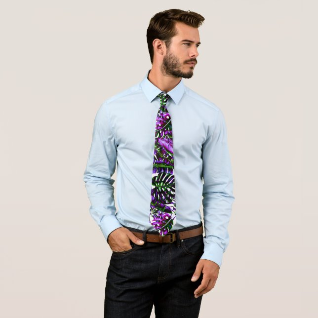 Cravate Pop de couleur électrique Palme tropicale Île Feui (En situation)