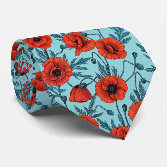 Cravate Poppies, rouge et bleu sur le bleu de la piscine (Roulé)