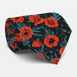 Cravate Poppies, rouge et bleu sur noir