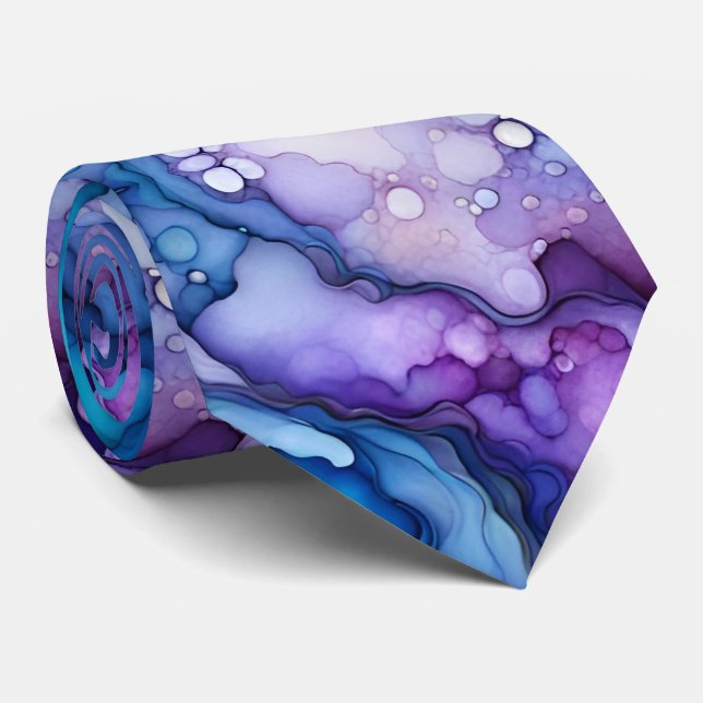 Cravate Purple and Blue Fluid Ink Abstract Dreamy Bold (Roulé)