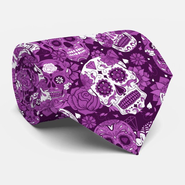 Cravate Purple sugar skull floral ornamental pattern (Roulé)