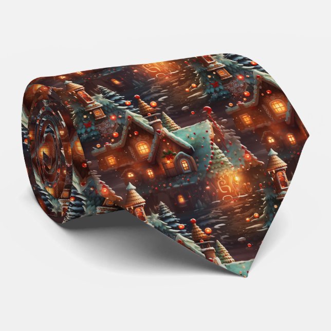 Cravate Quirky Brown and Blue Gingerbread House Pattern (Roulé)