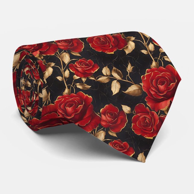 Cravate Red and Gold Roses On Black (Roulé)