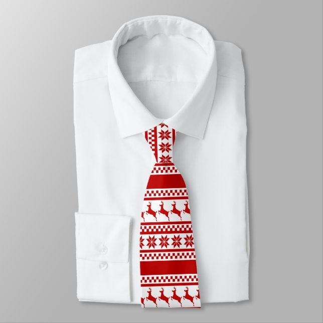 Cravate Red Nordic Print Reindeer Personnalisé (Attaché)