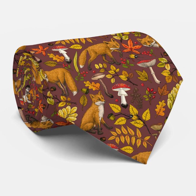 Cravate Renards d'automne sur chocolat brun (Roulé)