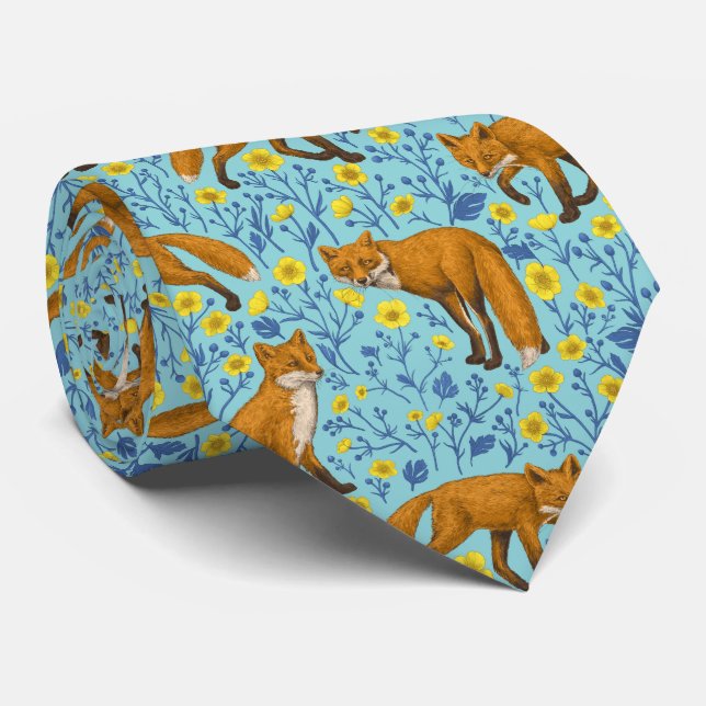 Cravate Renards et papillons sur le bleu de la piscine (Roulé)
