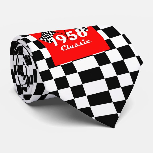 Cravate Retro 1958 Classic Black & White Checked Race Drap (Roulé)