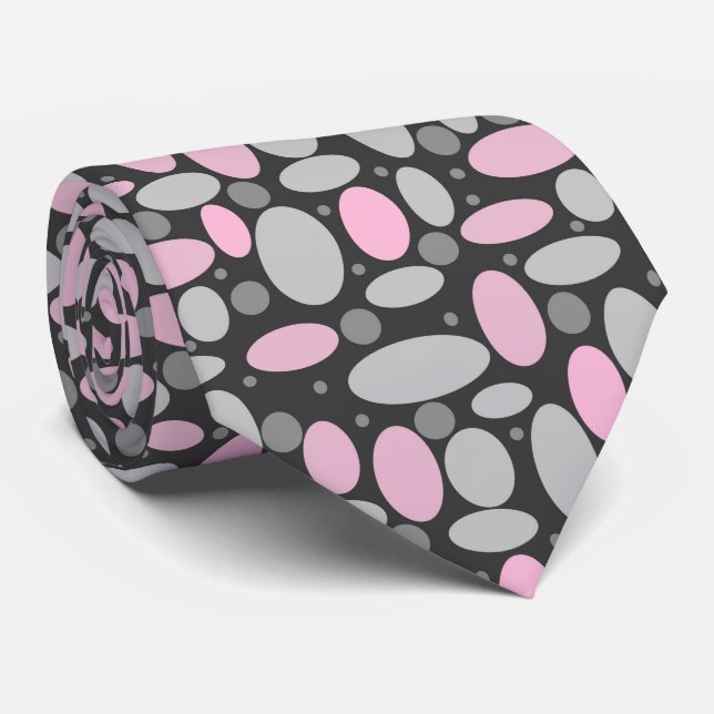 Cravate rétro, années 60, pois, gris et rose (Roulé)