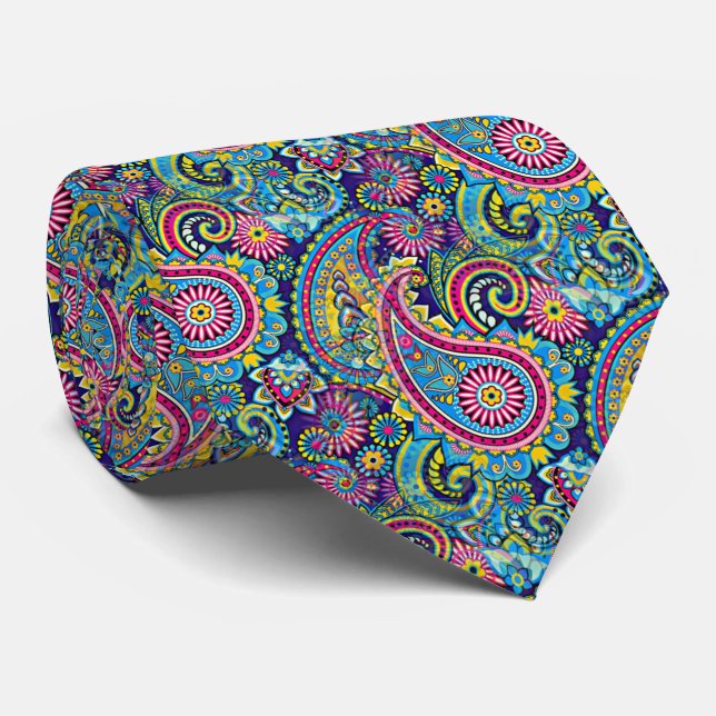 Cravate Retro rose rouge bleu jaune Paisley motif floral (Roulé)