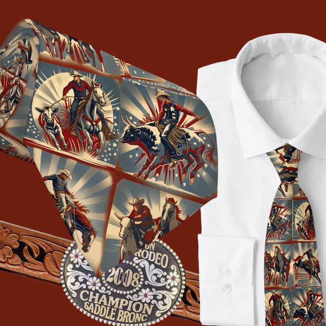 Cravate Rodeo Cowboys Roping Bull et Bronc Riding Steer W (Western Rodeo Events Cowboys Bull Riding Bronc Riding Calf Roping Steer Wrestling Men's Necktie)