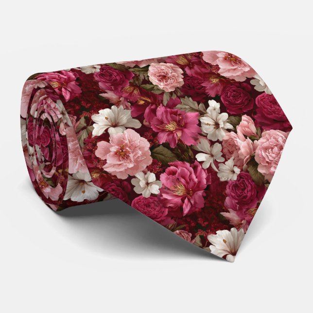 Cravate Romantic Pink Peonies and Roses Floral Wedding (Roulé)