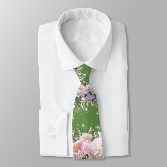 Cravate Romantique dentelle blanche hydrangée roses roses (Attaché)