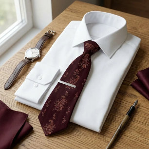 Cravate Rose botanique paisley floral Merlot profond