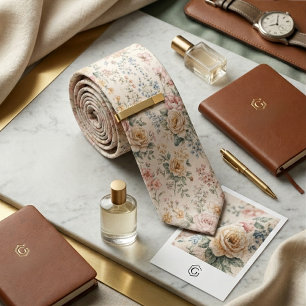 Cravate Rose d'Ivoire & Fleur Sauvage Floral Vintage Douc
