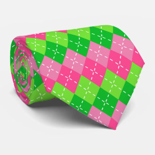 Cravate Rose et vert Argyle avec couture blanche