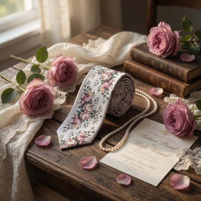 Cravate Rose Florale Vintage Mauve Élégante (Créateur téléchargé)