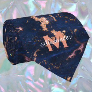Cravate Rose Gold Feuille de Noyer Marine Monogramme