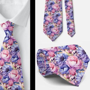 Cravate Rose Pâle Bleu Violet Pourpre Fleurs Floral