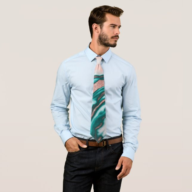 Cravate Rose Parties scintillant or rose Turquoise marbre  (En situation)