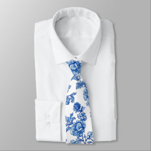 Cravate Rose Peony de la Chinoiserie Bleue et Blanche