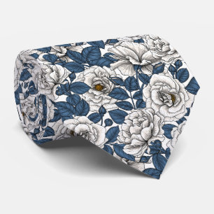 Cravate Roses blanches avec feuilles bleus sur blanc